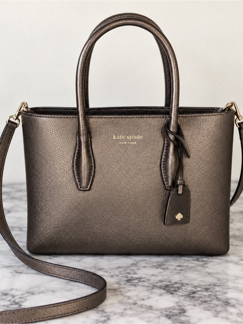 Kate Spade Eva Small Ash Metallic Leather Zip Top Satchel Crossbody NWT